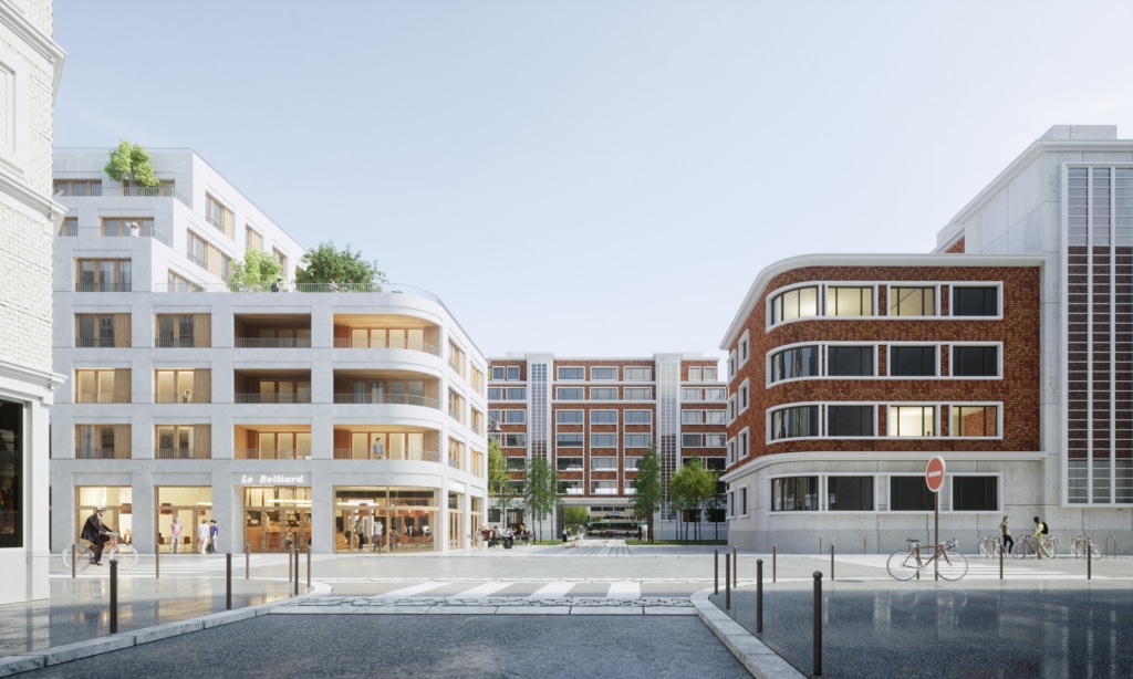 Perspective architecturale d’un immeuble contemporain en pierre claire avec plusieurs étages et un espace public arboré en pied de bâtiment.